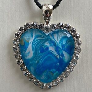 Handmade Heart Pendant Cord Necklace Blue Fluid Art Cabochon with Rhinestones